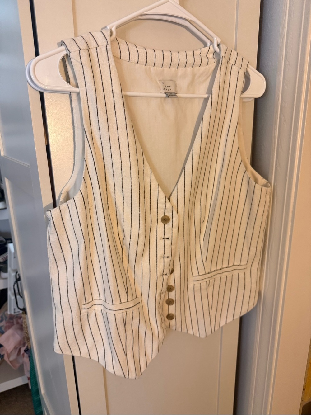 a new day Cream and Navy Striped Button-Front Vest